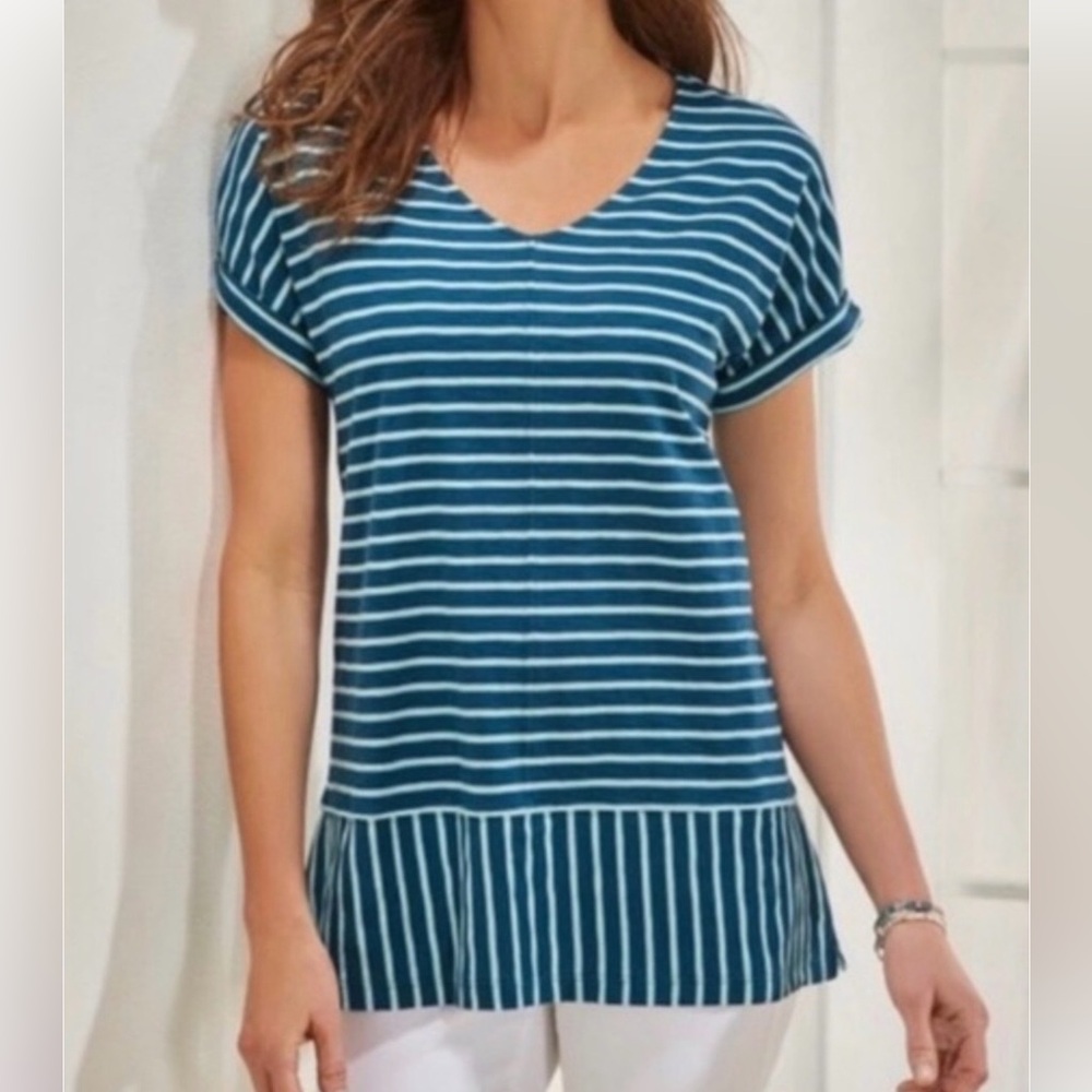 S Soft Surroundings Teal/Mint Bali Breeze Peplum Striped V-Neck Top